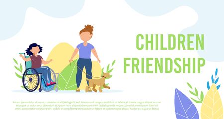 Disabled Children Friendship Relationships Trendy Flat Vector Banner, Poster Template. Little Girl with Disabilities, Child in Wheelchair Walking with Friend and Dog, Having Fun Outdoors Illustrationのイラスト素材