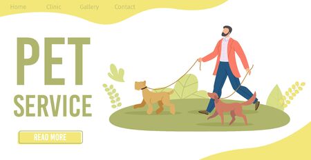Professional Pet Service Trendy Flat Vector Web Banner, Landing Page Template. Man in Suit, Qualified Dog Walker Walking on Meadow in Park with Terrier and Labrador Retriever on Leashes Illustrationのイラスト素材