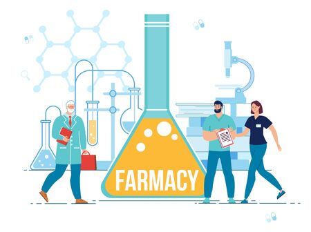 Pharmacy Poster with Pharmacist, Medical Staff People Character Engaged in Medication Creation Process. Microscope, Glass Test Tube and Flask with Liquid. Laboratory and Medicine. Vector Illustrationのイラスト素材