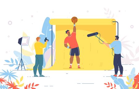 Basketball Player Posing for Photo and Recording Video. Photographer and Cameraman Shooting Crew Working with Sportsman Character. Professional Photosession with Champion. Vector Illustrationのイラスト素材