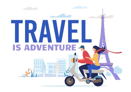 Man and Woman Rider Couple Trip on Motorbike. Lover Trip, Newlyweds Traveler Riding Motorcycle. Travel and Adventure Poster. City Excursion Urban Transportation, Active Lifestyle. Vector Illustrationのイラスト素材