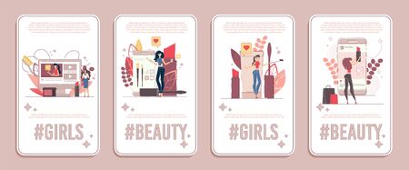 Beauty Blogger Channel, Cosmetics Brand Influencer Blog, Makeup Expert Service Vertical Banner, Poster Set. Woman Blogger Streaming Video Online, Communication with Followers Flat Vector Illustrationのイラスト素材