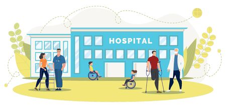 Medical Center for Disabled People Trendy Flat Vector Concept. Man and Woman with Disabilities, Children in Wheelchairs, Doctors or Male Nurse Standing Together near Hospital Building Illustrationのイラスト素材