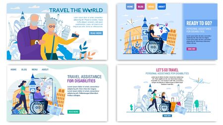 Landing Page Set Offer Best Tour for Senior and Disabled People. Personal Assistance during Transportation Abroad. World Travel for Pensioners. Follow Dream. Rehabilitation Trip. Vector Illustrationのイラスト素材