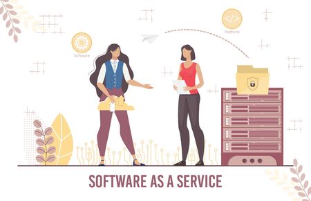Software as Service Platform Infrastructure for Business Control. Secure Cloud Data Storage. Businesswoman Download Information via Internet. Wireless Connection. Smart Technology. Vector Illustrationのイラスト素材