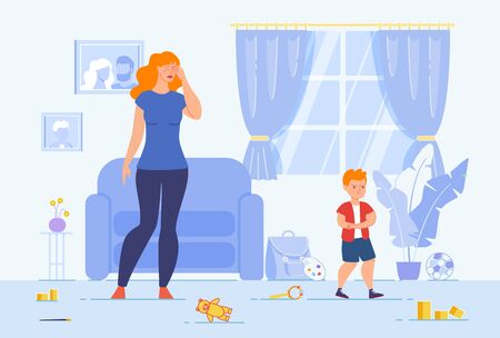 Naughty Kid, Child Discipline Difficulties, Parents Relationship with Child Concept. Tired Mother Standing in Messy Living Room, Parent Suffering from Son Bad Behavior Trendy Flat Vector Illustrationのイラスト素材