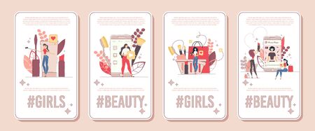 Fashion and Style Video Content Maker, Woman Vlogger, Beauty Channel Streamer Vertical Banner, Poster Set. Ladies Recording Video, Streaming Online, Interacting with Audience Flat Vector Illustrationのイラスト素材