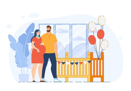 Happy Pregnancy, Preparing Home for Newborn, Parenting and Maternity Concept. Husband Hugging Pregnant Wife, Future Father and Mother Decorating Baby Bed with Balloons Trendy Flat Vector Illustrationのイラスト素材
