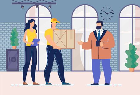 Courier Team and Main Warehouse Manager Standing and Speaking in Hall. Assistant Holding Clipboard with Waybill and Deliveryman Carrying Parcel Package. Working Moments Delivery Options Discussionのイラスト素材