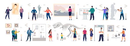 People Tourist Photographing at Art Gallery, Scientific, History Museum Set. Men Women Visiting Classic Artworks, Sculpture, Prehistoric, Ancient Exhibition. Cultural Tour Vector Illustration Bundleのイラスト素材