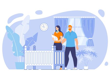 Happy Maternity and Parenthood, Cozy Home for Baby Concept. Smiling Mother Holding Newborn on Hands, Lull Baby at Night, Caring Husband Hugging Loved Wife with Child Trendy Flat Vector Illustrationのイラスト素材