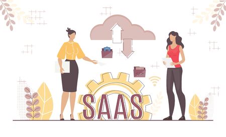 Boss and Employee Cooperation via Saas System. Woman Coworker, Business Partner Using Cloud Storage Service for Secure Data Exchange. Effective Wireless Management Platform. Vector Illustrationのイラスト素材