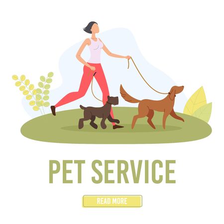 Pet Walking Service Trendy Flat Vector Web Banner, Landing Page Template. Female Dog Walker, Young Woman Going on Park Meadow or City Animals Playground with Two Puppies on Leashes Illustrationのイラスト素材