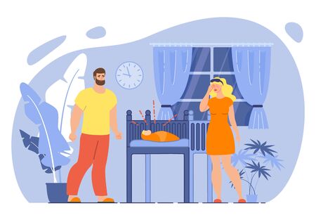 Parenthood Stress and Fatigue, Infant Sleep Problems Concept. Tired, Exhausted Father and Mother Characters, Sleepy Couple Standing near Bed with Crying Child at Night Trendy Flat Vector Illustrationのイラスト素材