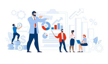 Multi-Ethnic Team Certified Auditor Doing Research. Man and Woman Character Analyzing Graph and Chart Financial Audit Statistic Report. Leadership and Successful Business. Vector Illustrationのイラスト素材
