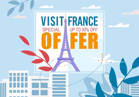 France Visit with Special Sale Discount Offer Advertisement. Promotion Text, Eifel Tower in Frame with Cityscape Silhouette Creative Foliage Design. Europe Excursion and Tourism. Vector Illustrationのイラスト素材