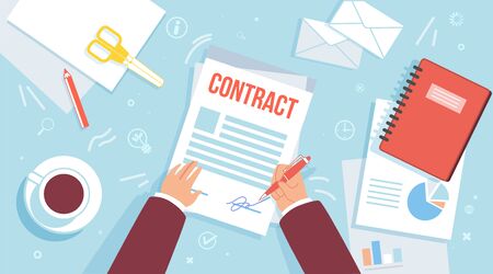 Singing Business Contract, Making Official Agreement or Statement, Bank Loan Approval, Getting Insurance Trendy Flat Vector Concept. Businessman Writing Signature on Contract Document Illustrationのイラスト素材