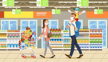 Family Stocks Groceries During a City Pandemic. Parents with their Son at Grocery Store Make Large Purchases Goods. Woman with Cart Full Groceries. Masked People Due to Spread Coronavirusのイラスト素材