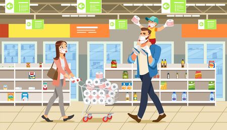 Family Stocks Groceries During a City Pandemic. Parents with their Son at Grocery Store Make Large Purchases Goods. Woman with Cart Full Groceries. Masked People Due to Spread Coronavirusのイラスト素材