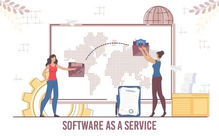Woman Partner Cooperation via Software Service Business Platform. Businesswoman Sending Downloading Contract Data via Secure Cloud Storage System. Computer Monitor with World Map. Vector Illustrationのイラスト素材