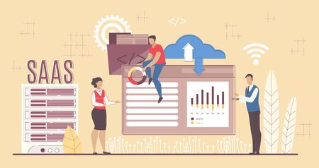Saas Solution. Software Development and Applying for Business. Cloud Computing Service for Management. Businesspeople Partners Cooperating via Internet. REmote Project Control. Vector Illustrationのイラスト素材