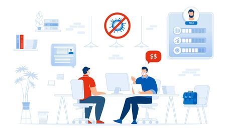 Business Character Success Analysis. Consultation, Collaborative Session. Covid19 Outbreak. Coronavirus Pandemic. Advisor Businessman in Respiratory Face Mask Discuss Money Income Investment Increaseのイラスト素材