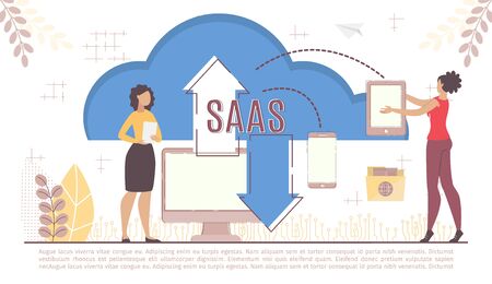 Data Cloud Technology with Information Exchange Synchronization via Different Digital Device. Woman and Computer, Tablet, Smartphone Equipment. Software as Service for Business. Vector Illustrationのイラスト素材