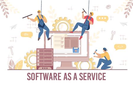 Software Service System Development Update Test. Man Technician Programmer Hanged on Rope Updating Operation in Computing and Installation Program. Server Database Rack, Computer. Vector Illustrationのイラスト素材