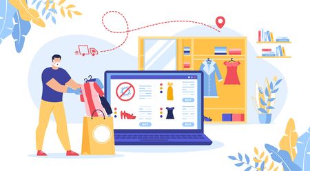 Secure Shopping Online during Covid19 Pandemic and Coronavirus Quarantine. Clothes Purchase Distantly to Prevent and Decrease Virus Infection Risk. Shop Assistant Courier in Facemask, Protective Gloveのイラスト素材