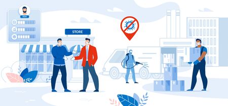 Character Store Work in Covid19 Outbreak Observation Condition. People in Face Mask Rubber Glove Handshaking Make Deal. Man in Protective Clothes Disinfecting Delivery Truck. Courier Carrying Parcelのイラスト素材