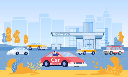 Vehicle Refueling and Maintenance on Quarantine. Car Sharing during Covid19 Pandemic. Gas Station at Work. Driver in Respiratory Facemask. City Life Transport Related Service. Coronavirus Outbreakのイラスト素材