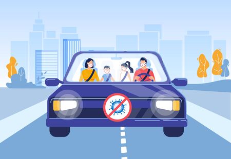 Family with Kid Road Trip during Covid19 Pandemic. Travelling by Car. Coronavirus Outbreak. Parent and Children in Respiratory Go Away from Viral Disease Epidemic. Prevention of Seasonal Flu Sicknessのイラスト素材