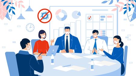 Office Teamwork. Business Meeting at Round Table. Corporate Team Discussion. Brainstorming Workflow. Strategy Plan Development. Manager Employee, Higher Rank Executive, Director Briefingのイラスト素材