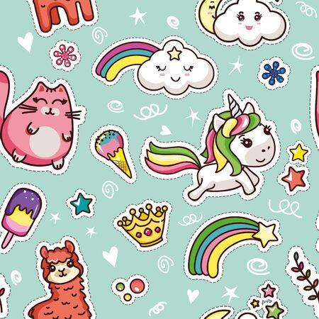 Cute Kawai Seamless Pattern on Blue Background. Sweet Colorful Cat, Alpaca, Unicorn, Ice cream, Crown, Star, Cloud and Rainbow. Modern Comic Design Wallpaper. Flat Cartoon Vector Illustrationのイラスト素材