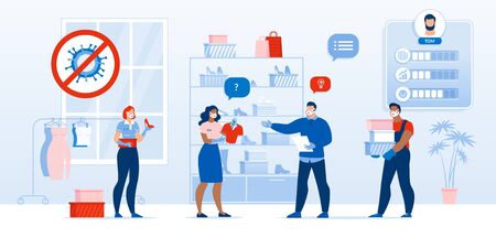 Business Character Fashion Boutique at Work after Covid19. Shop Assistant and Customer in Respiratory Medical Mask Glove Talking about Clothes Sale, Blouse Price. Commerce, Marketing after Pandemicのイラスト素材