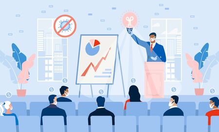 Business Seminar Strategy Idea. Businessman Speaker Doing Presentation at Podium on Stage. Professional Marketing Sales, E-Commerce Training Front of Audience. Motivation Conference. Covid Outbreakのイラスト素材
