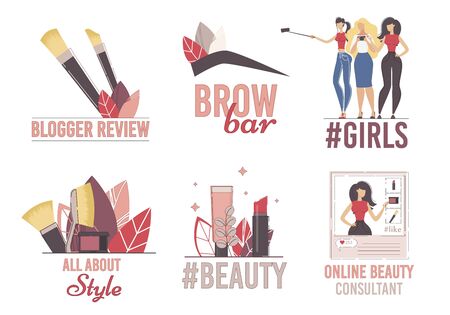Beauty Blogger, Fashion and Style Video Channel, Makeup Consultant, Brow Bar Service  Set. Woman Vlogger Followers, Subscribers, Cosmetics Product, Makeup Accessory Trendy Flat Vector Illustrationのイラスト素材