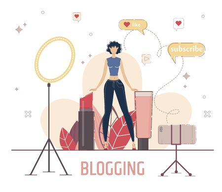 Beauty Blogger Live Stream Concept. Woman Recording Video with Smartphone, Reviewing Cosmetics Products, Testing Goods for Makeup, Recommending Brand to Subscriber Trendy Flat Vector Illustrationのイラスト素材