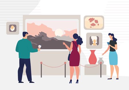Modern or Classic Artist Drawings Exhibition in Art Museum Concept. Man and Women Looking on Landscape, Portrait, Still Life Drawings on Wall, People Visiting Museum Trendy Flat Vector Illustrationのイラスト素材