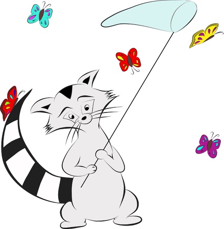 Raccoon butterfly net catching butterfliesのイラスト素材