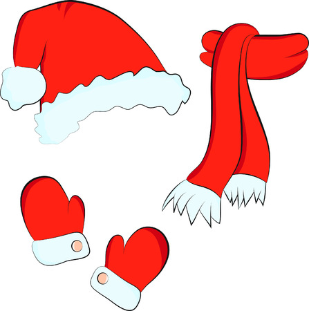 Christmas set  red santa claus hat, scarf and mittens on the white backgroundのイラスト素材
