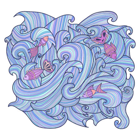 Illustration on white background with fish and wavesのイラスト素材