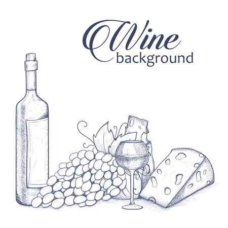 Background with bottle, glasse, cheese, grape and wineのイラスト素材