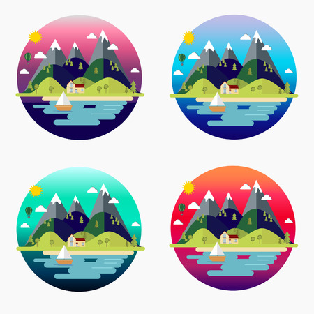 Summer landscape. Houses in the mountains among the trees, rest in a mountain village the lake and the river. Flat design style vector illustrationのイラスト素材