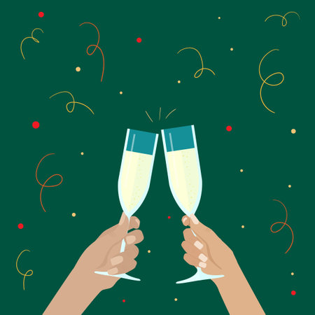 Human hand holding a glass of champagne. Postcard for the holiday New Year, Christmas, wedding day.のイラスト素材