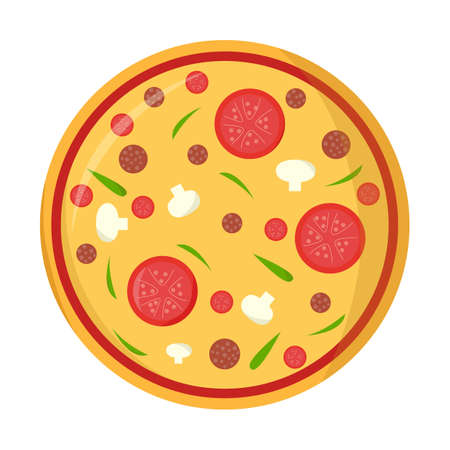 Pizza with cheese, tomato, mushrooms, sausage and herbs isolated on white backgroundのイラスト素材