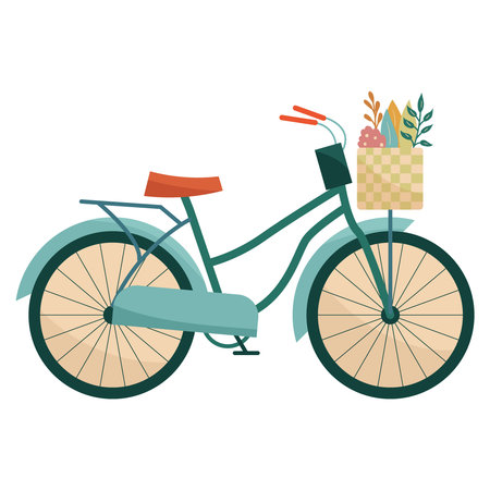 Flat retro bicycle with basket of flowersのイラスト素材