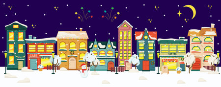Snowy night in cozy christmas town city panorama. winter christmas villageのイラスト素材