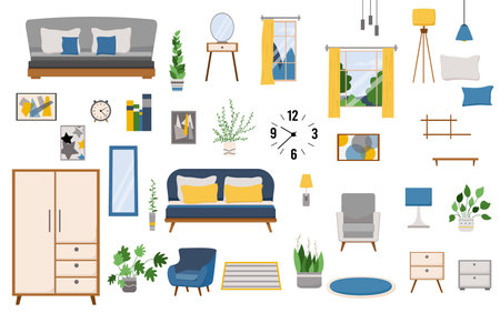 Vector set of bedroom furniture. Sofa, armchair, wardrobe, bedside table, mirror, chest of drawers, rug, floor lamp, chandelierのイラスト素材