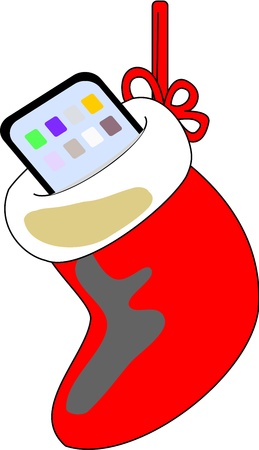 A hanging Christmas boot has a tablet inside of it as a gift.のイラスト素材